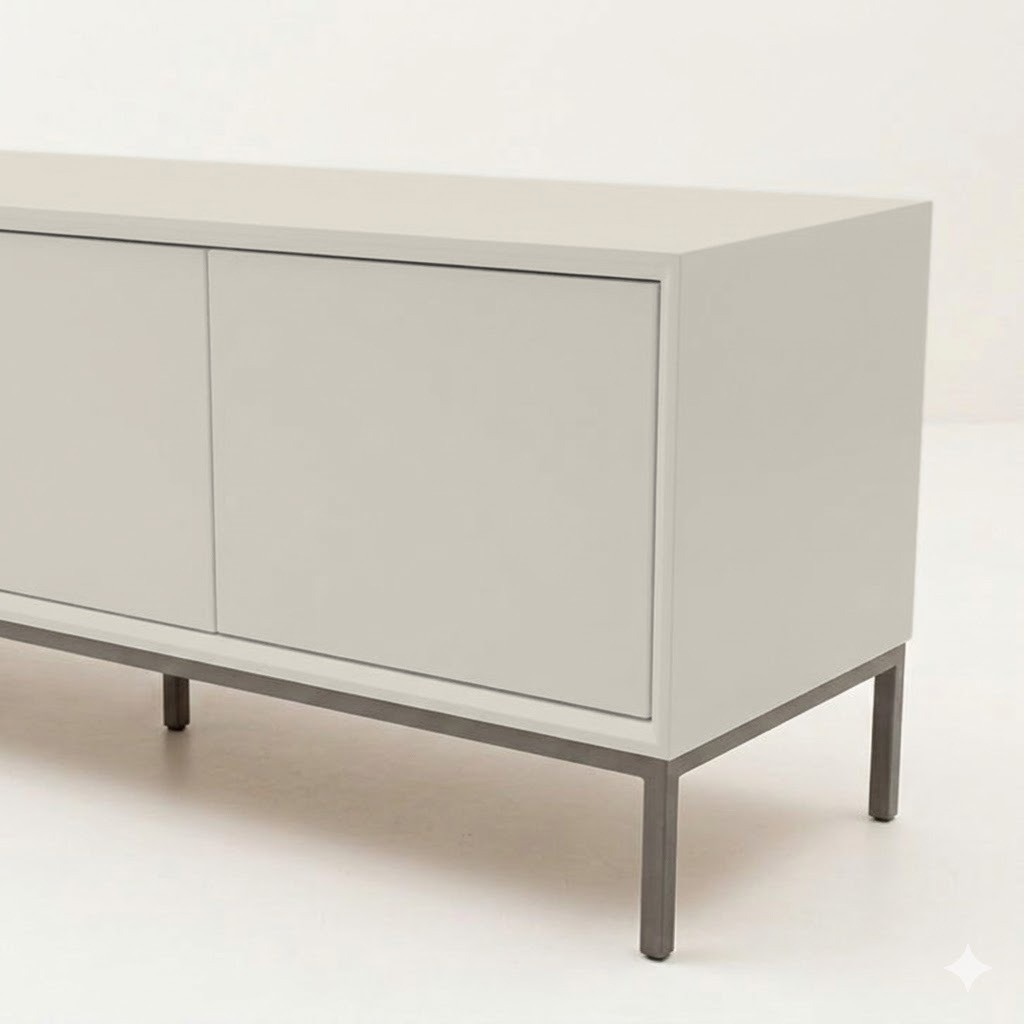 Möbelfolie Grayed Beige auf einem Sideboard, digital erzeugte Darstellung