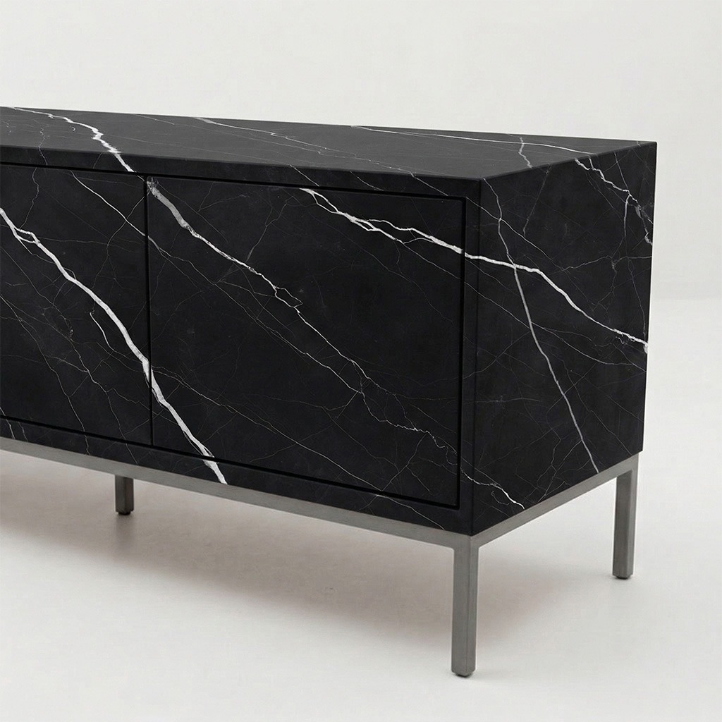 Möbelfolie Schwarz Marmor auf einem Sideboard, digital erzeugte Darstellung