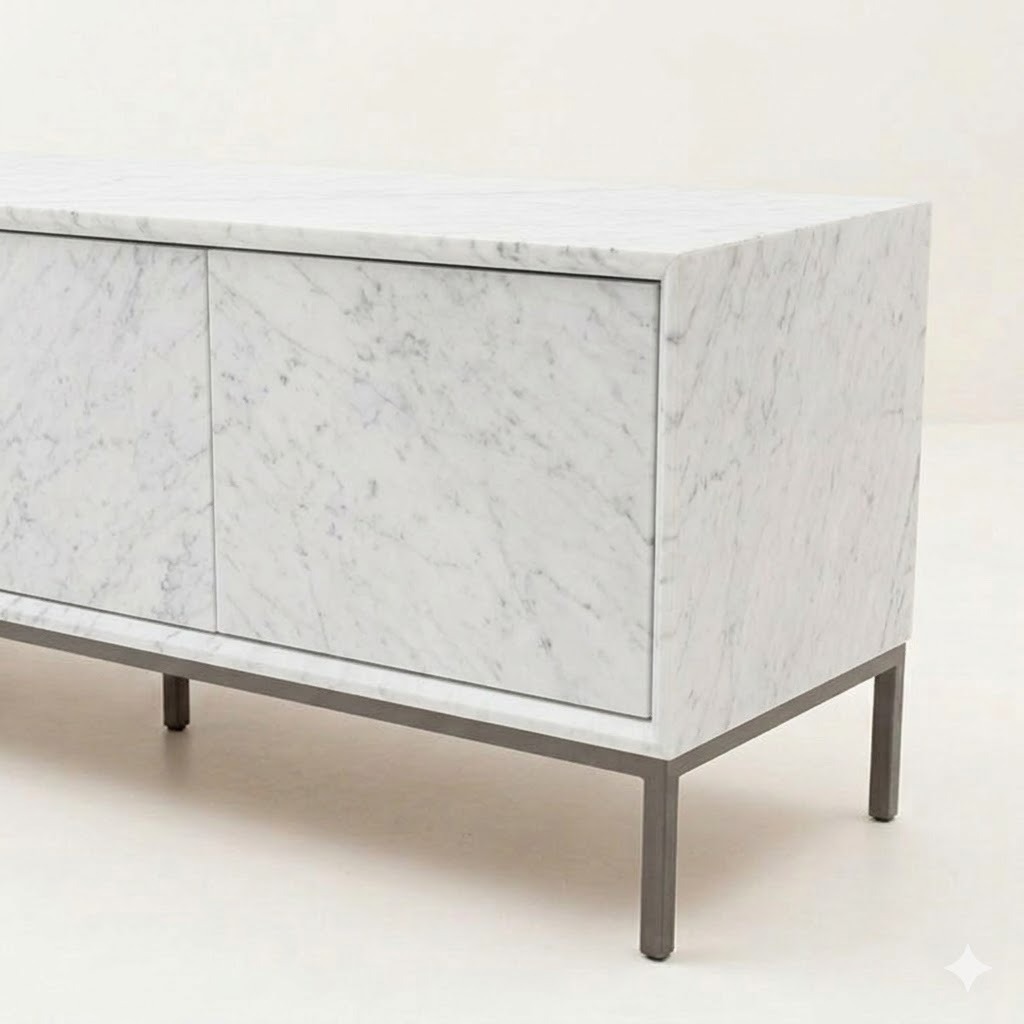 Möbelfolie Weiß Marmor auf einem Sideboard, digital erzeugte Darstellung